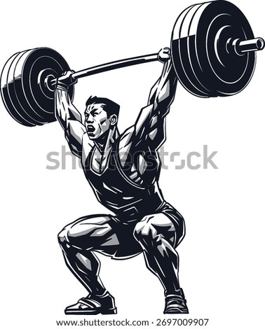 vector illustration of the Asian weightlifter man lifting barbell