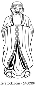 Vector illustration of Asian wise man in in black and white for coloring.