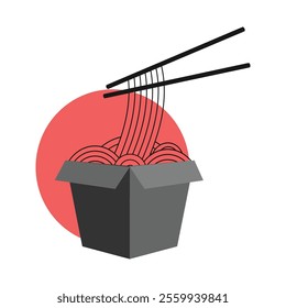 Vector illustration of Asian wok noodles with chopsticks. Hot dishes. Icons of dishes.