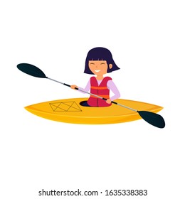 Vector illustration of a asian woman with blue hair floats on a yellow kayak in cartoon style. Young female canoeing and paddle. Water activities, sports, outdoor recreation. Healthy life style