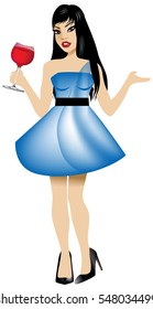 Vector Illustration of Asian woman with blue dress and red wine.