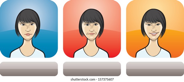 Vector illustration of asian woman face in three expressions: neutral, sad and happy - head and shoulders composition. Layered vector EPS10 format file.