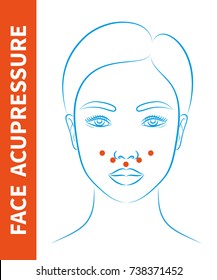 Vector illustration: asian woman face with instructions for facial acupressure isolated on white background
