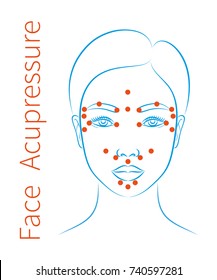 Vector Illustration: Asian Woman Face With Instructions For Facial Acupressure Isolated On White Background
