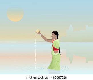 vector illustration of an asian woman making offerings in the river ganges in eps 10 format