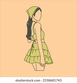 Vector illustration of an Asian woman standing fit and green dress suit with flat color line art design, kpop idol cartoon line