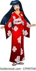 Vector illustration of an asian woman in traditional red japanese kimono. 