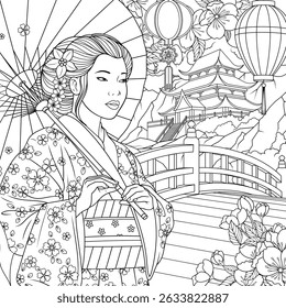 Vector illustration, asian woman in traditional dress, coloring