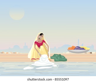 vector illustration of an asian woman washing laundry in a river against a hazy city backdrop in eps 10 format