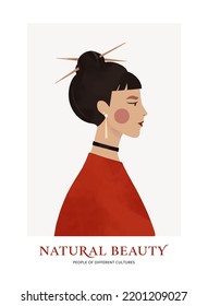 Vector illustration - asian woman. Young beautiful woman portrait with hairstyle. Modern feminine geisha with red clothes. People of different cultures. Perfect for blog, prints, cards