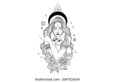 Vector illustration of an asian woman.Stylish doodle in tatto style, for coloring book or fabric .
