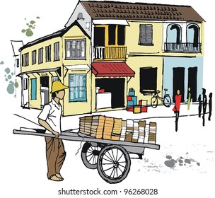 Vector illustration of Asian worker with barrow in Hoi An, Vietnam