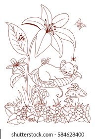 Vector illustration asleep little mouse on a piece of lilies. Work done by hand. Book Coloring anti-stress for adults and children.Brown and white