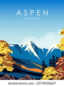 Ilustración vectorial. Aspen, Colorado, Estados Unidos. Diseño para afiches, pancartas, postales. Afiche vertical, afiche de viaje. Estilo de caricatura.