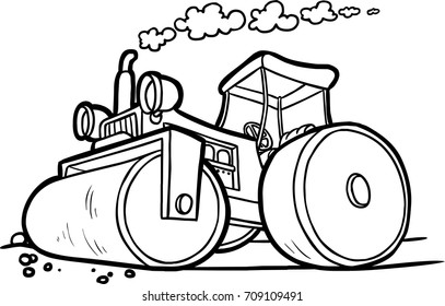 vector illustration of an asphalt compactor. black and white contour