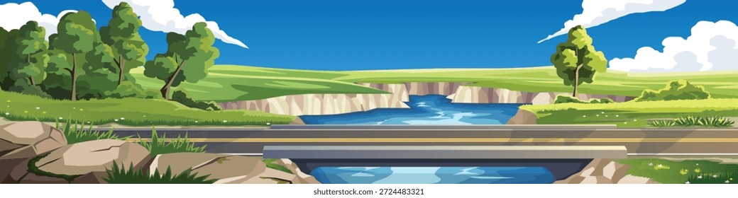 Vektorgrafik einer asphaltierten Straßenbrücke, die einen blauen Fluss überquert, in einer grünen Landschaft mit felsigen Klippen, Bäumen und einem wolkenblauen Himmel. Szenischer Naturhintergrund für Reisekonzepte.