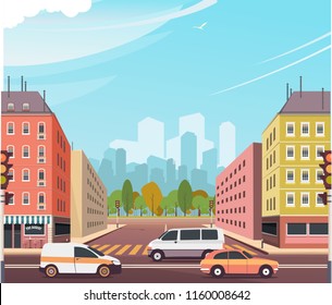 vector illustration asphalt road of the crossroads with skyscrapers and skyscrapers moving vehicles, cars