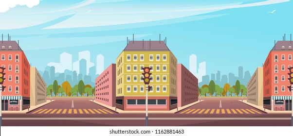 vector illustration asphalt road of the crossroads with skyscrapers and skyscrapers horizontal panoramic