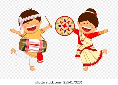 Vector illustration of Assamese couple in traditional clothes on transparent background