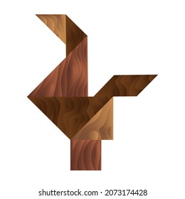 Vector illustration with assembled figure of bird, rooster or chicken from elements of wooden Tangram. Concept puzzle, creative play. You can use the object in the product packaging design, etc.
