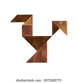 Vector illustration with assembled figure of bird, rooster or chicken from elements of wooden tangram. Concept puzzle, creative play. You can use the object in the product packaging design, etc.