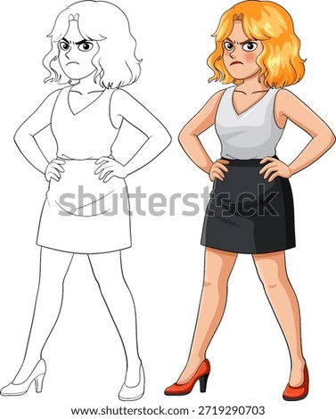 Vector illustration of assertive businesswoman, colored and outline versions, bold pose, flat style