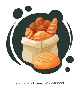 Vector illustration of assorted bakery bread in a paper bag. Fresh baked goods. Rustic food concept.

