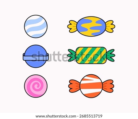 Vector illustration of assorted colorful candy icons including wrapped sweets, striped candies, and lollipops in playful flat design. Perfect for food themes, confectionery branding, kids decorations