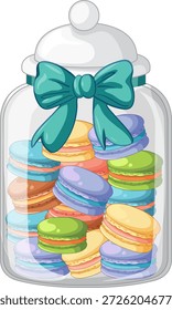 Vector illustration of assorted colorful macarons inside a glass jar decorated with a teal bow