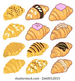 Ilustração vetorial de croissants variados com várias coberturas, perfeito para design de padaria, ícones de comida, gráficos de menu e decorações de pastelaria.