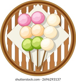 Vector illustration of assorted dango skewers arranged on bamboo plate with geometric composition