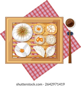 Vector illustration of assorted dim sum on a bamboo steamer with chopsticks and tea, featuring vibrant colors and detailed textures
