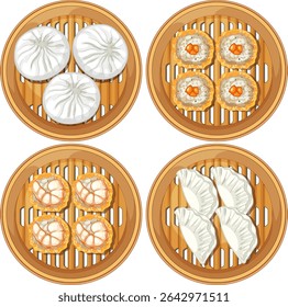 Vector illustration of assorted dim sum in bamboo steamers, showcasing vibrant colors and detailed textures in a top-down view