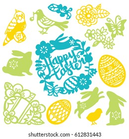 A vector illustration of assorted easter theme vintage paper cut designs like easter rabbit, easter egg, flowers and more nature filigree.