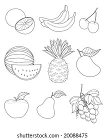 vector illustration of assorted fruits outline drawing