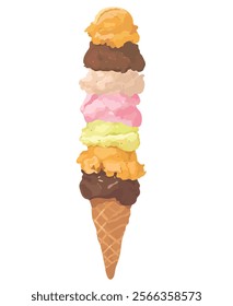 Ilustração vetorial de coberturas sortidas de colheres de sorvete em um cone de waffle. Doce sobremesa de verão isolada no branco.