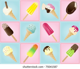 vector illustration of assorted ice creams and ice lollies on tiled background in eps 10 format
