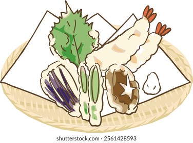 Vector illustration of assorted Japanese dishes and tempura