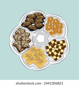 Vector illustration of assorted Kuih Raya on a circle container. Kuih Raya are Malaysian traditional biscuits usually seen during Eid celebration.