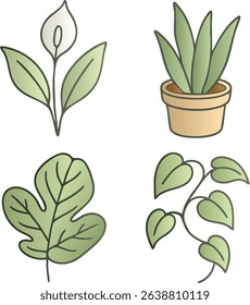 Vector illustration of assorted leaf icons: leafy sprig, potted aloe, fig leaf, and pothos vine in flat green tones.