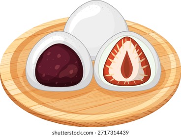 Ilustração vetorial de sobremesas de mochi variadas com recheios em uma placa de madeira, estilo plano