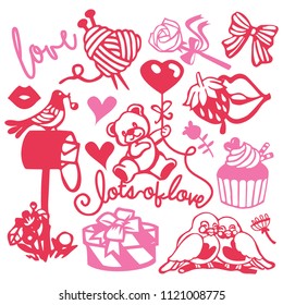 A vector illustration of assorted paper cut silhouette cute sweet love inspired set like teddy bears, love birds and romantic gifts.