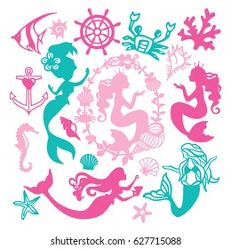 A vector illustration of assorted paper cut silhouette vintage mermaid nautical set like mermaids, underwater animals, seashell and coral.