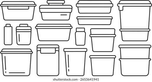Ilustração vetorial: recipientes de alimentos de plástico sortido, arte de linha minimalista