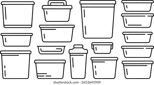 Vector illustration: assorted plastic food containers, minimalist line art