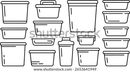 Vector illustration: assorted plastic food containers, minimalist line art