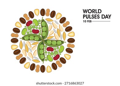 Ilustração vetorial de leguminosas, grãos, grãos e leguminosas variadas, organizadas em padrão circular para o Dia Mundial do Pulso.