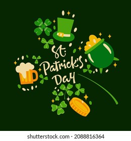 Vector illustration of assorted symbols of St Patricks Day celebration forming four leaf clover ornament on dark green background