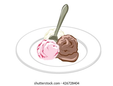 Vector illustration Assorted three balls of ice cream chocolate, vanilla and strawberry on a plate with a spoon
