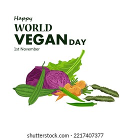 Ilustración vectorial de diversas verduras zanahorias, col, okra, calabaza y judías aladas y textualmente el 1 de noviembre sobre fondo blanco para la pancarta